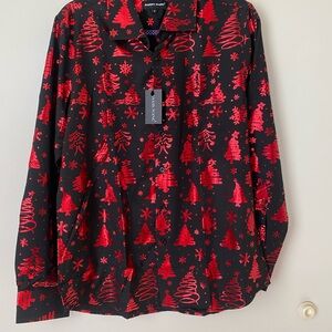 Barry Wang Men's Long Sleeve Black and Red Festive Dress Shirt. Medium. NWT